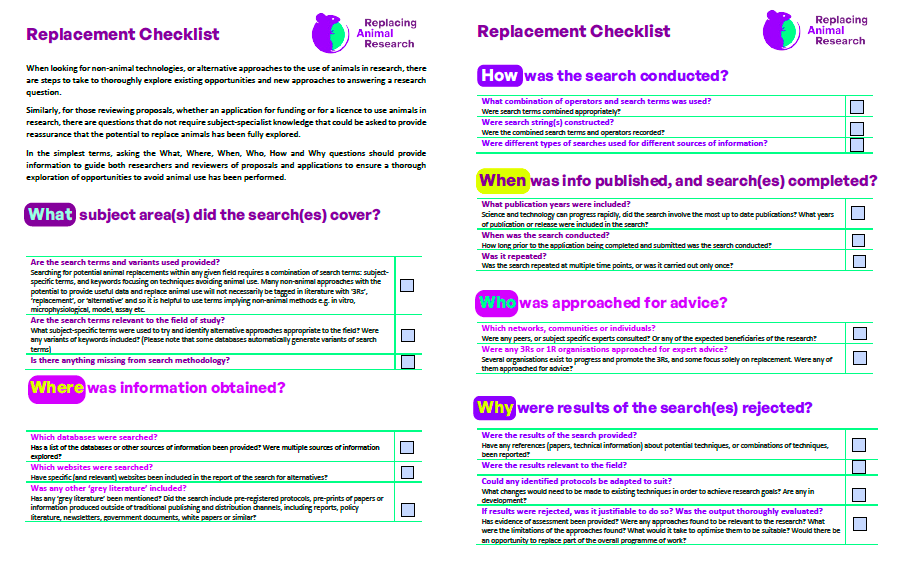  Replacing Animal Research - La checklist Remplacement